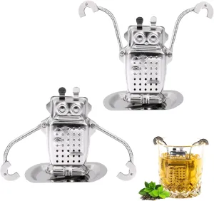 2 Pcs Tea Infuser for Loose Leaf Tea, Stainless Steel Tea Strainer Steeper, Extra Fine Mesh Tea Diffuser Holder, Reusable Metal Tea Filter with Drip Tray for Teapot Brew Tea (Robot)