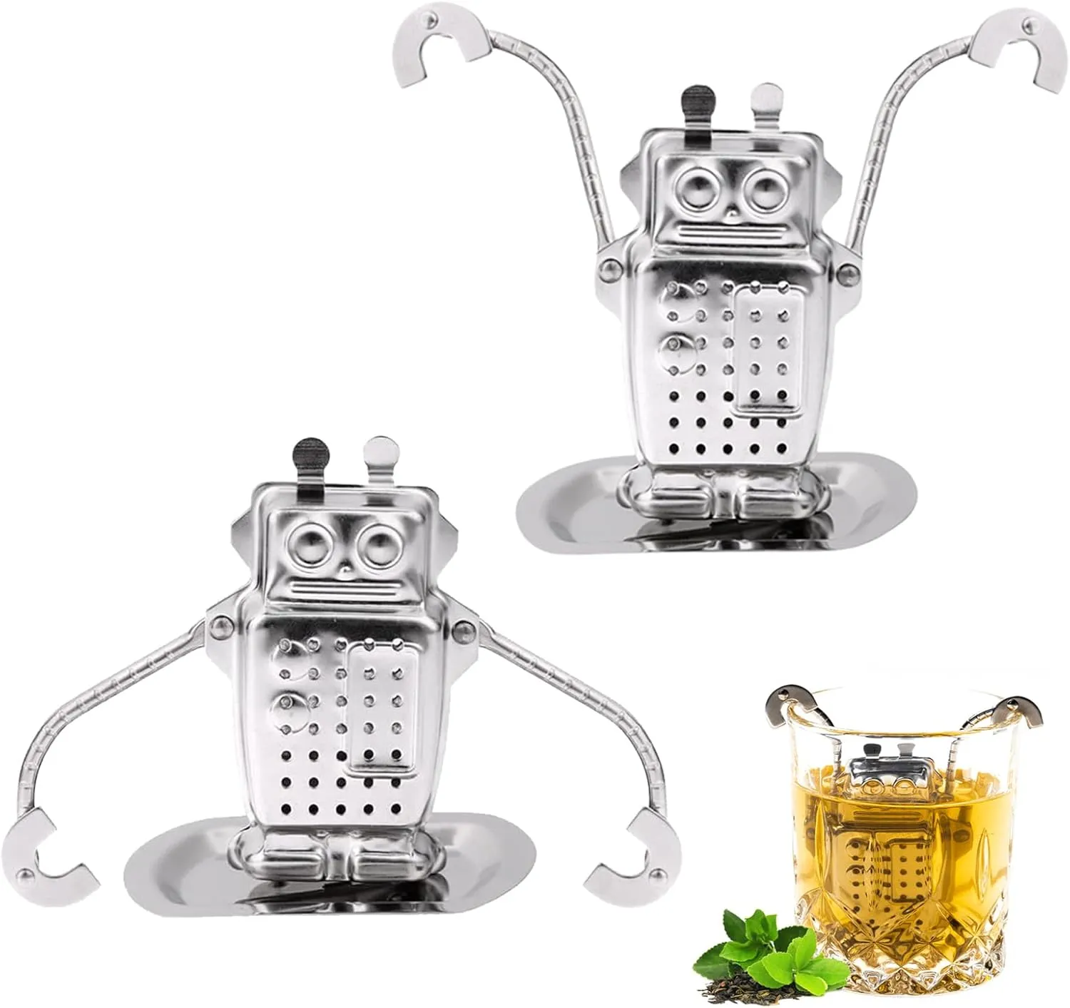2 Pcs Tea Infuser for Loose Leaf Tea, Stainless Steel Tea Strainer Steeper, Extra Fine Mesh Tea Diffuser Holder, Reusable Metal Tea Filter with Drip Tray for Teapot Brew Tea (Robot)