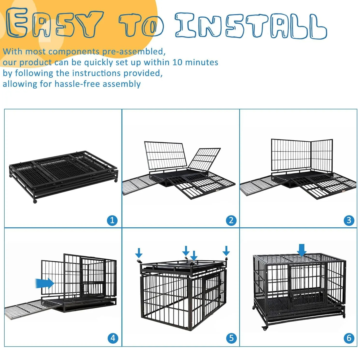 48 Inch Large Dog Crate Dog Kennel Indoor Outdoor Big Cage Dog Crates for Large Medium Small Dogs Heavy Duty Dog Crate Indestructible XXL XL Metal Pet Cage with Wheels Tray Double Door