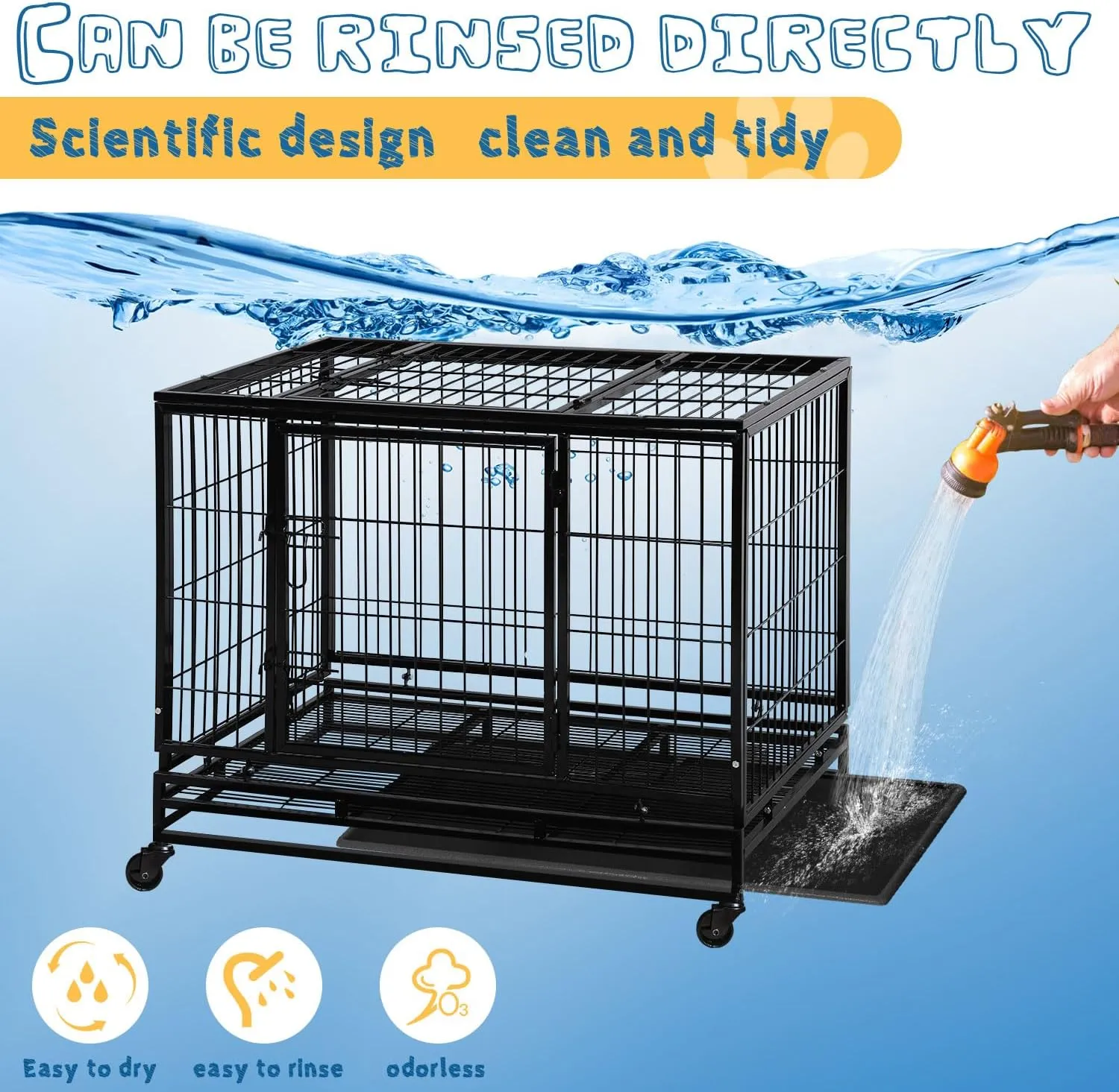 48 Inch Large Dog Crate Dog Kennel Indoor Outdoor Big Cage Dog Crates for Large Medium Small Dogs Heavy Duty Dog Crate Indestructible XXL XL Metal Pet Cage with Wheels Tray Double Door