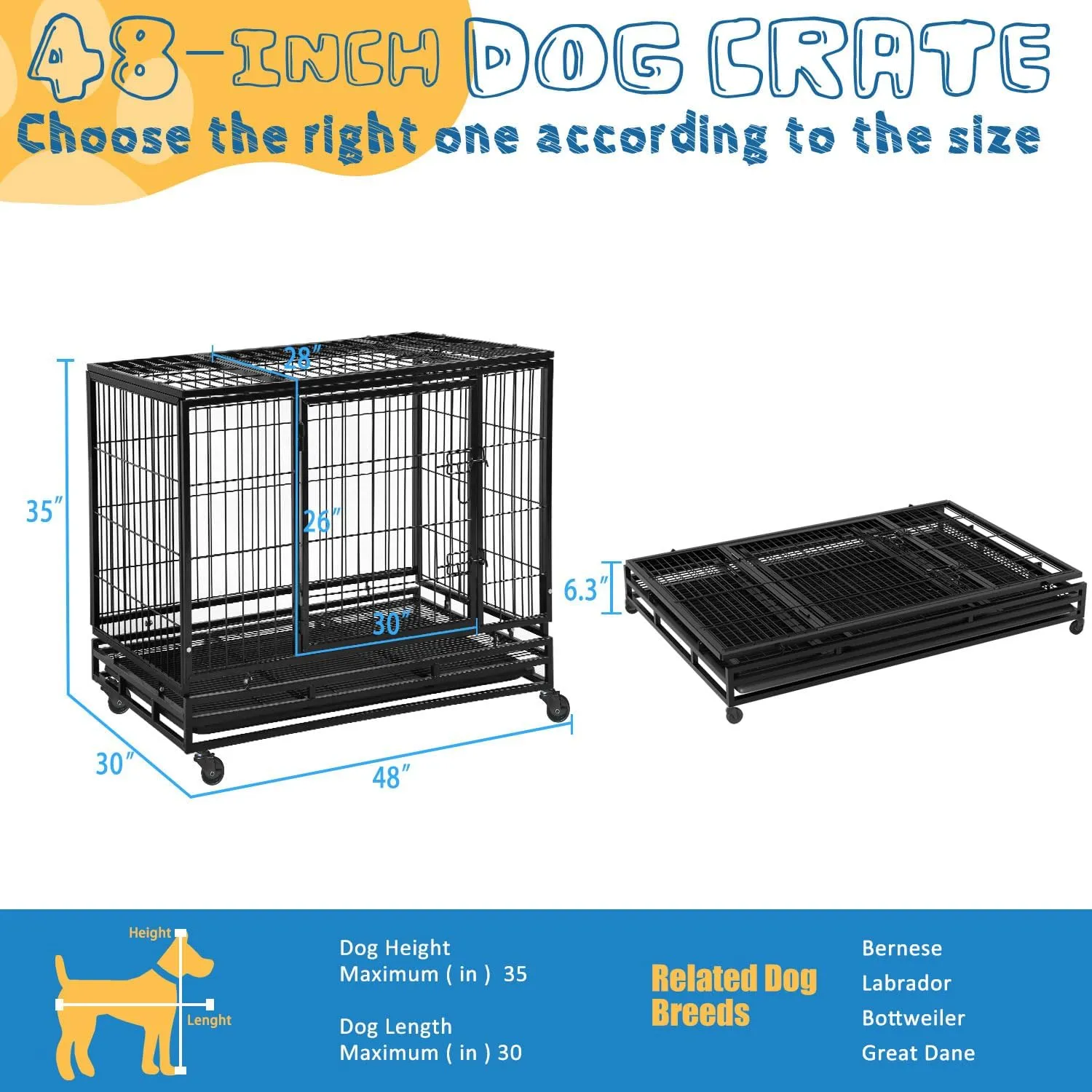 48 Inch Large Dog Crate Dog Kennel Indoor Outdoor Big Cage Dog Crates for Large Medium Small Dogs Heavy Duty Dog Crate Indestructible XXL XL Metal Pet Cage with Wheels Tray Double Door