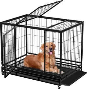 48 Inch Large Dog Crate Dog Kennel Indoor Outdoor Big Cage Dog Crates for Large Medium Small Dogs Heavy Duty Dog Crate Indestructible XXL XL Metal Pet Cage with Wheels Tray Double Door