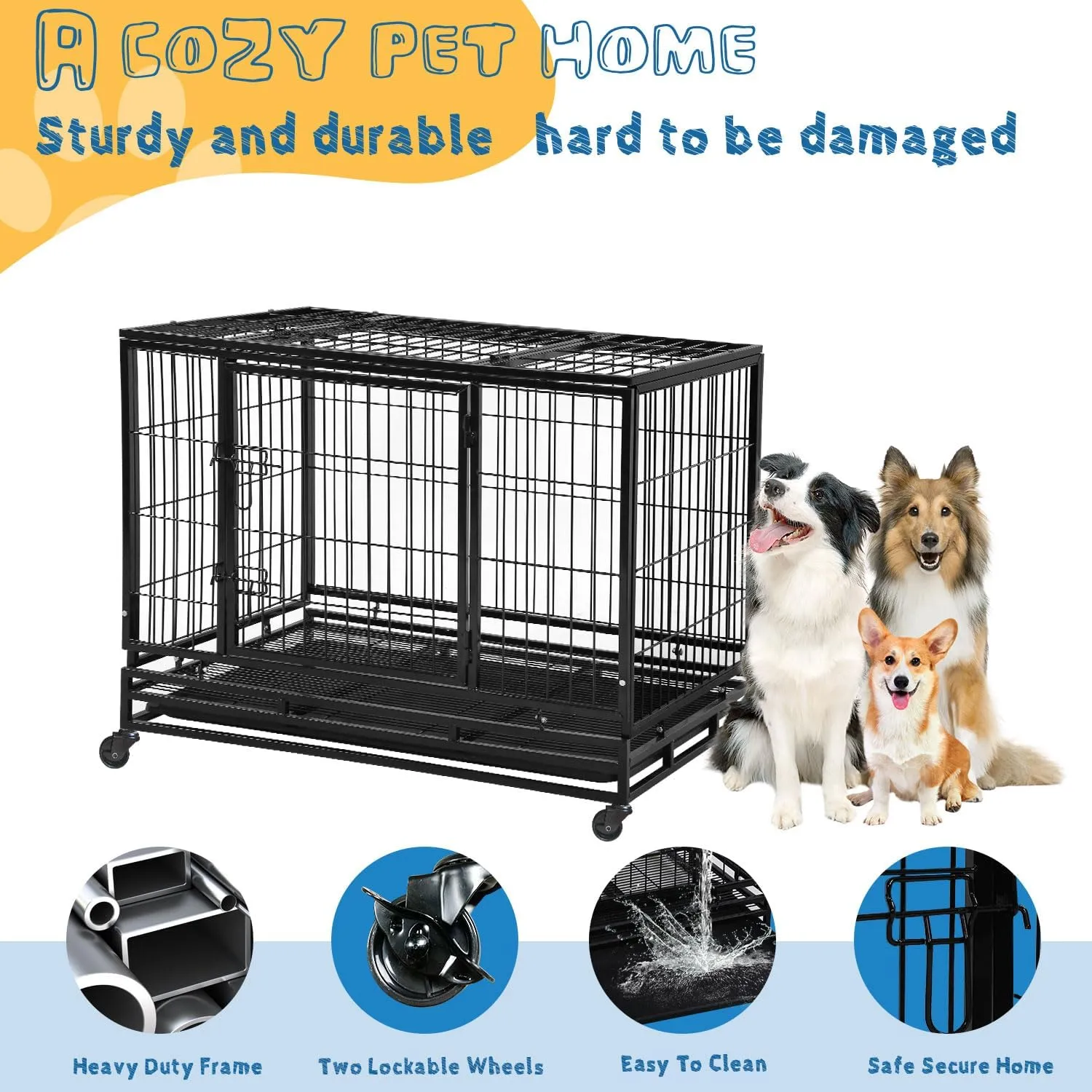 48 Inch Large Dog Crate Dog Kennel Indoor Outdoor Big Cage Dog Crates for Large Medium Small Dogs Heavy Duty Dog Crate Indestructible XXL XL Metal Pet Cage with Wheels Tray Double Door