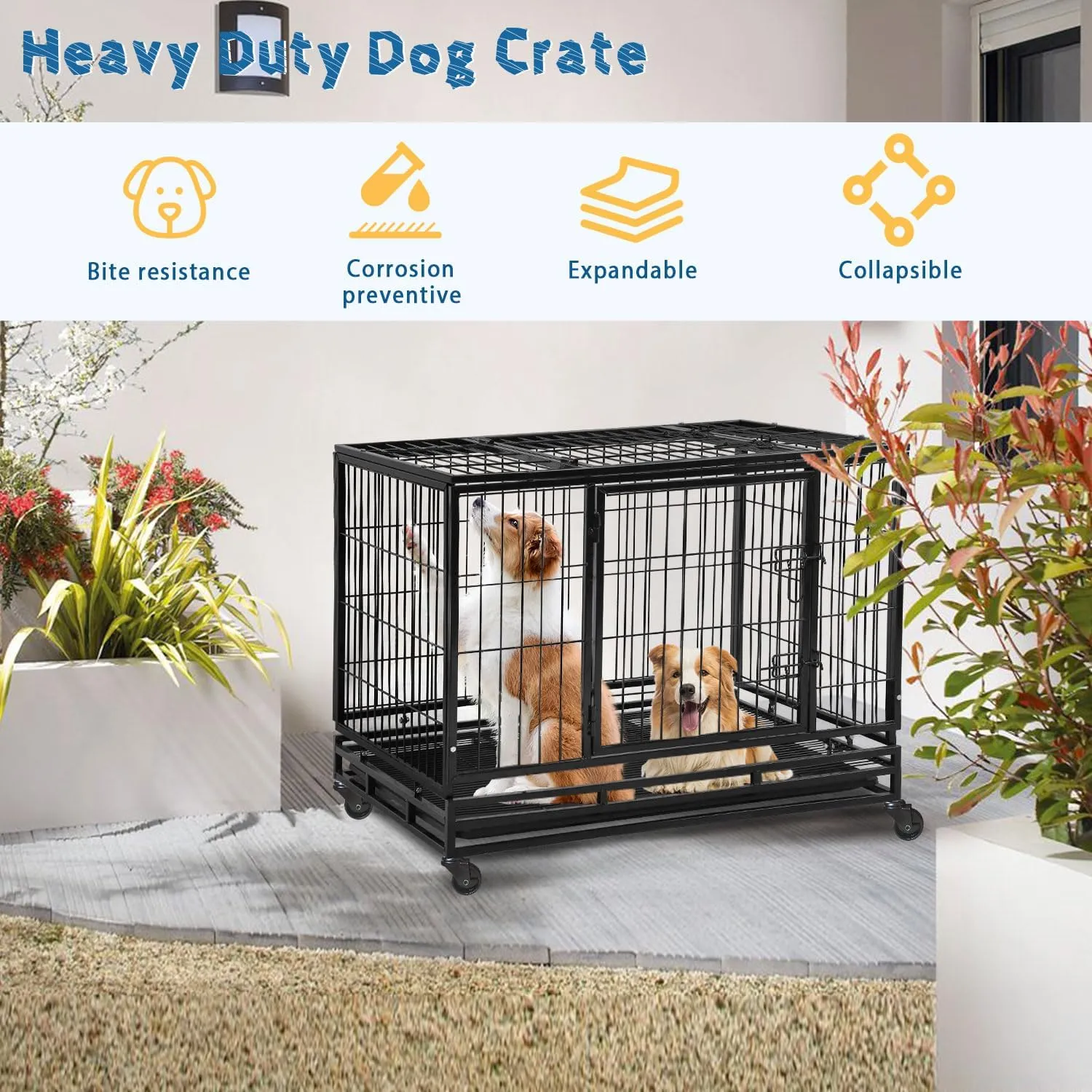 48 Inch Large Dog Crate Dog Kennel Indoor Outdoor Big Cage Dog Crates for Large Medium Small Dogs Heavy Duty Dog Crate Indestructible XXL XL Metal Pet Cage with Wheels Tray Double Door