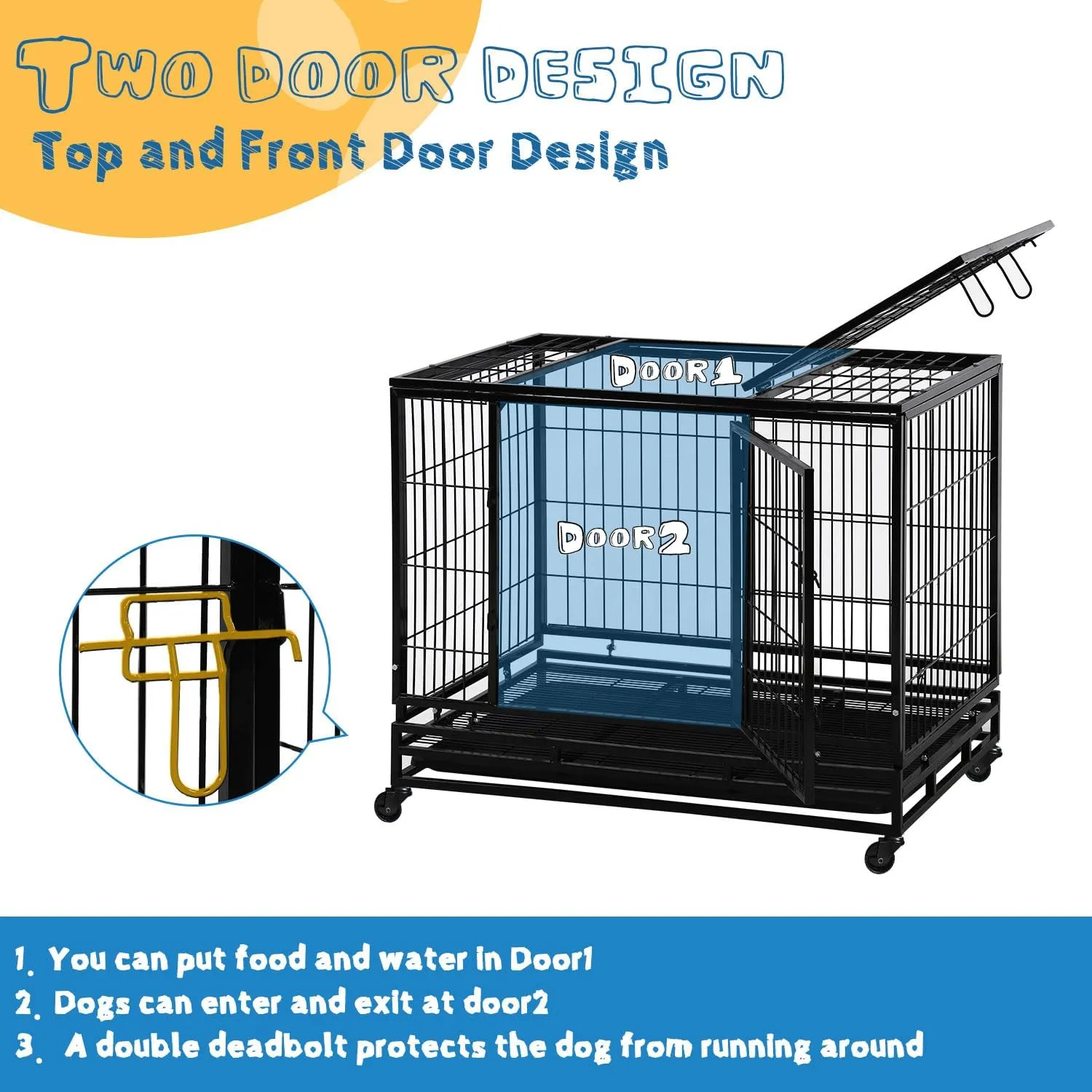 48 Inch Large Dog Crate Dog Kennel Indoor Outdoor Big Cage Dog Crates for Large Medium Small Dogs Heavy Duty Dog Crate Indestructible XXL XL Metal Pet Cage with Wheels Tray Double Door