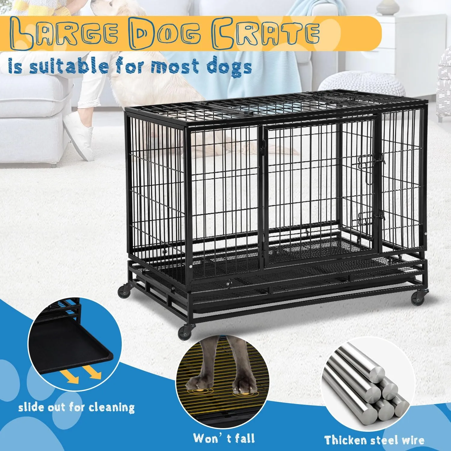 48 Inch Large Dog Crate Dog Kennel Indoor Outdoor Big Cage Dog Crates for Large Medium Small Dogs Heavy Duty Dog Crate Indestructible XXL XL Metal Pet Cage with Wheels Tray Double Door