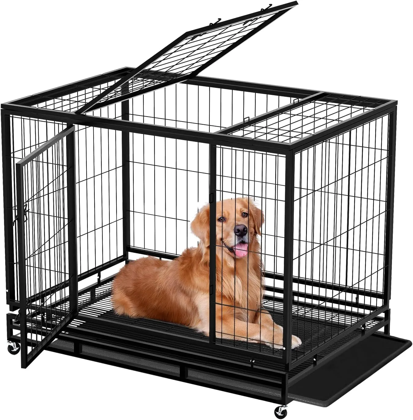 48 Inch Large Dog Crate Dog Kennel Indoor Outdoor Big Cage Dog Crates for Large Medium Small Dogs Heavy Duty Dog Crate Indestructible XXL XL Metal Pet Cage with Wheels Tray Double Door