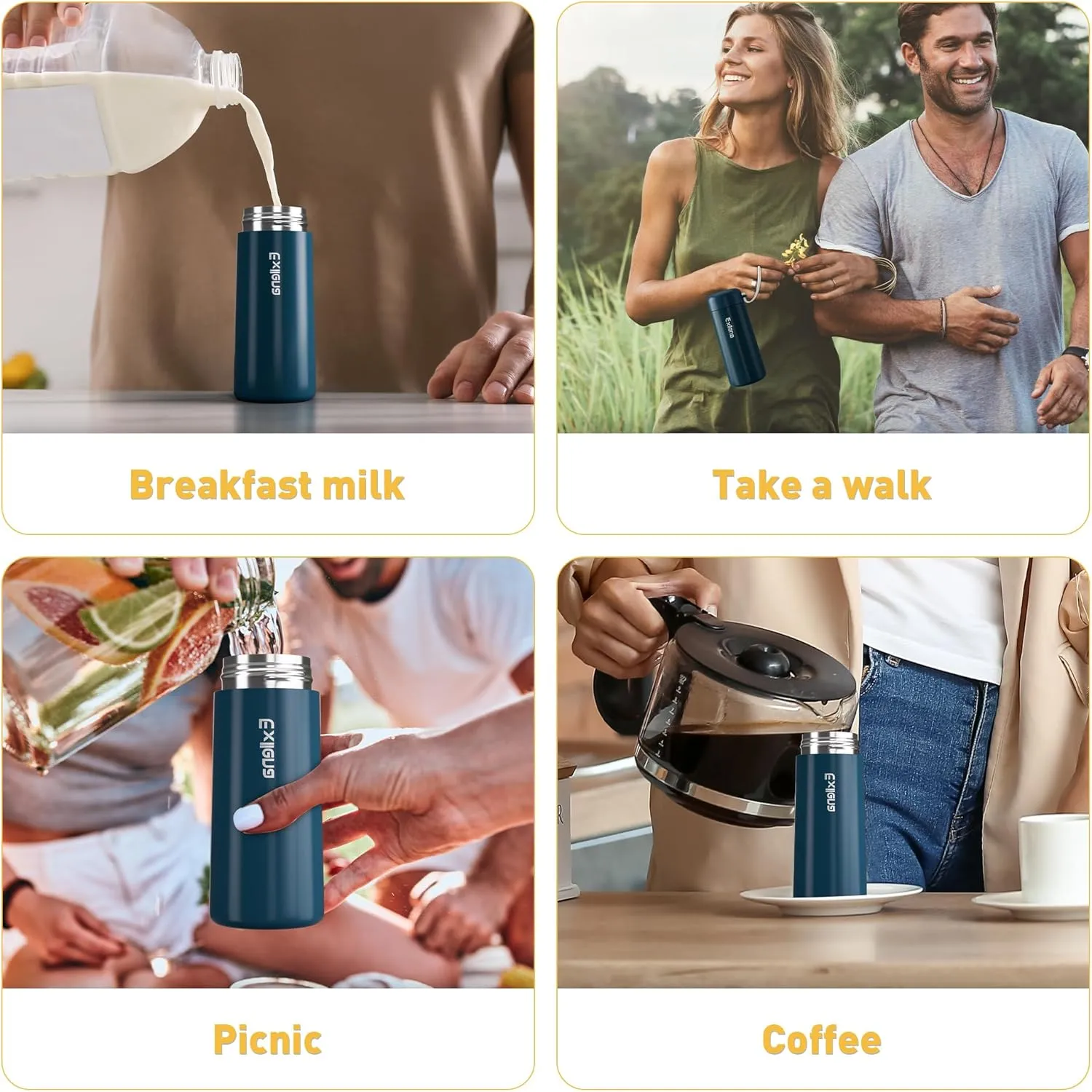 8 oz Water Bottles Made of 304 Stainless Steel, Small Water Bottles Double Wall Vacuum Insulation for Hot&Cold Drinks, Water Bottle Purse with Carry Handle - 100% Leakproof(Dark-Blue)