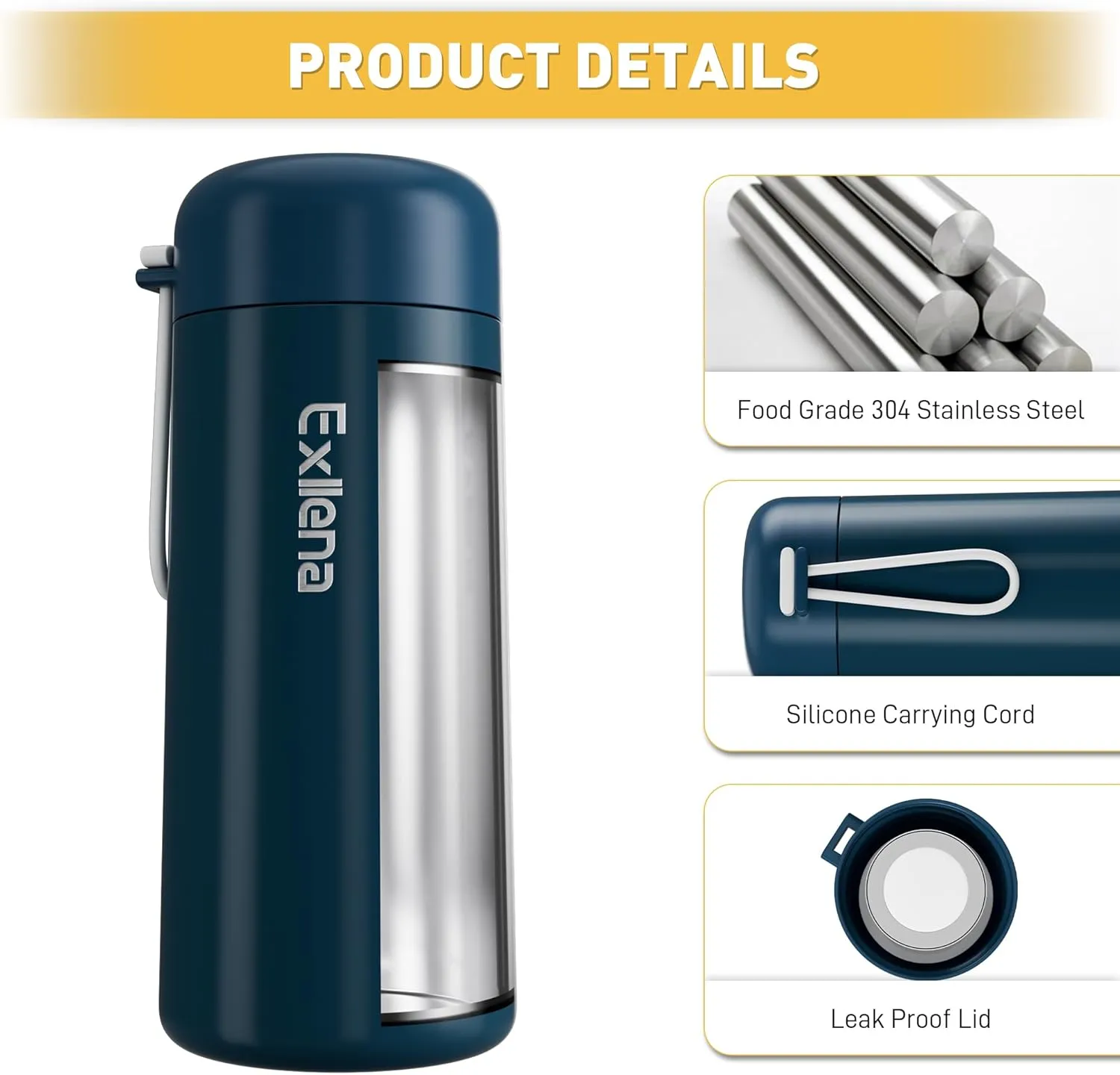 8 oz Water Bottles Made of 304 Stainless Steel, Small Water Bottles Double Wall Vacuum Insulation for Hot&Cold Drinks, Water Bottle Purse with Carry Handle - 100% Leakproof(Dark-Blue)