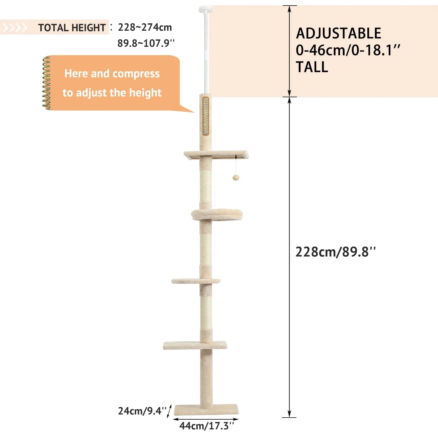 Adjustable 228~289cm Cat Climbing Tree Cat Jumping Frames Toys Scratch Post for Kittens Cat Toy