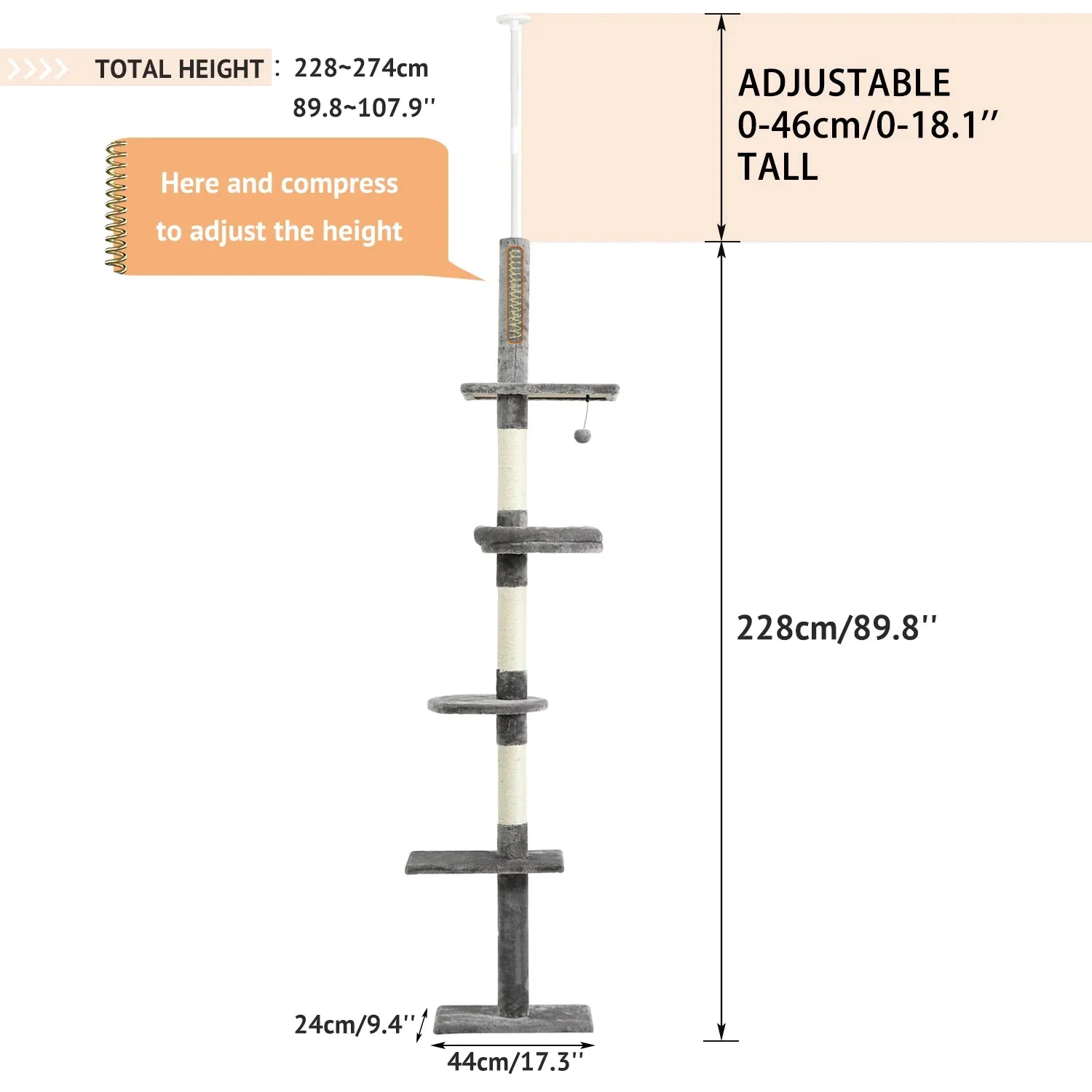 Adjustable 228~289cm Cat Climbing Tree Cat Jumping Frames Toys Scratch Post for Kittens Cat Toy
