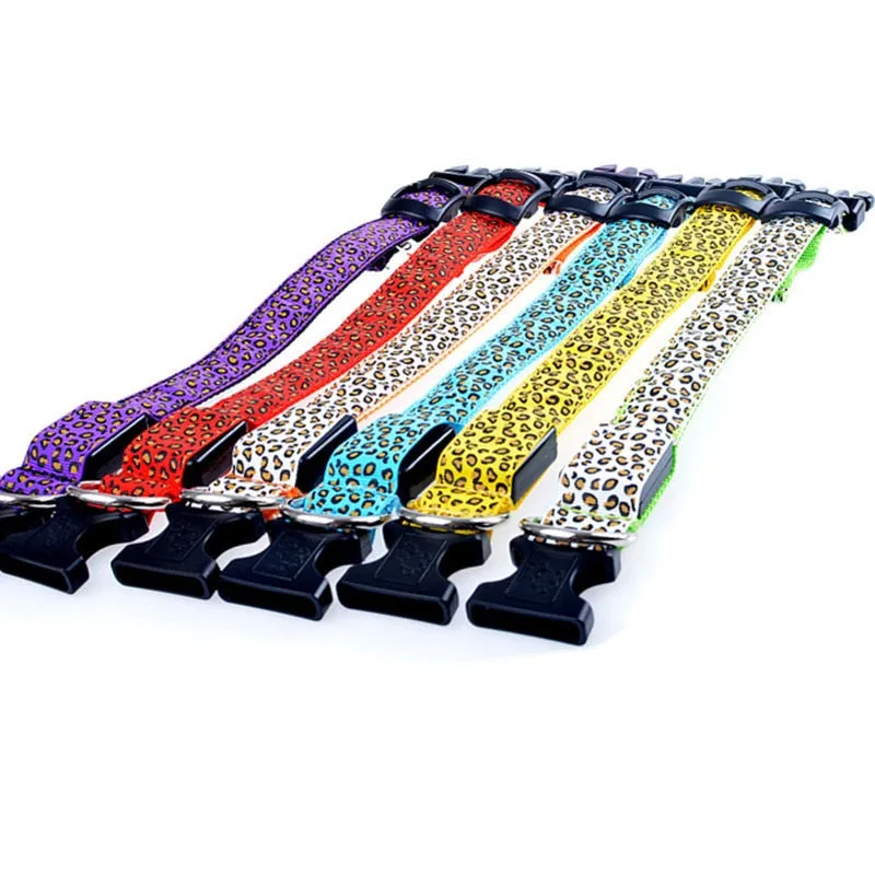 Adjustable LED Light Glow Pet Collar Leopard Nylon Pet Dog Cat Night Safety Luminous Flashing Necklace Glowing Neck Belt XWBE.