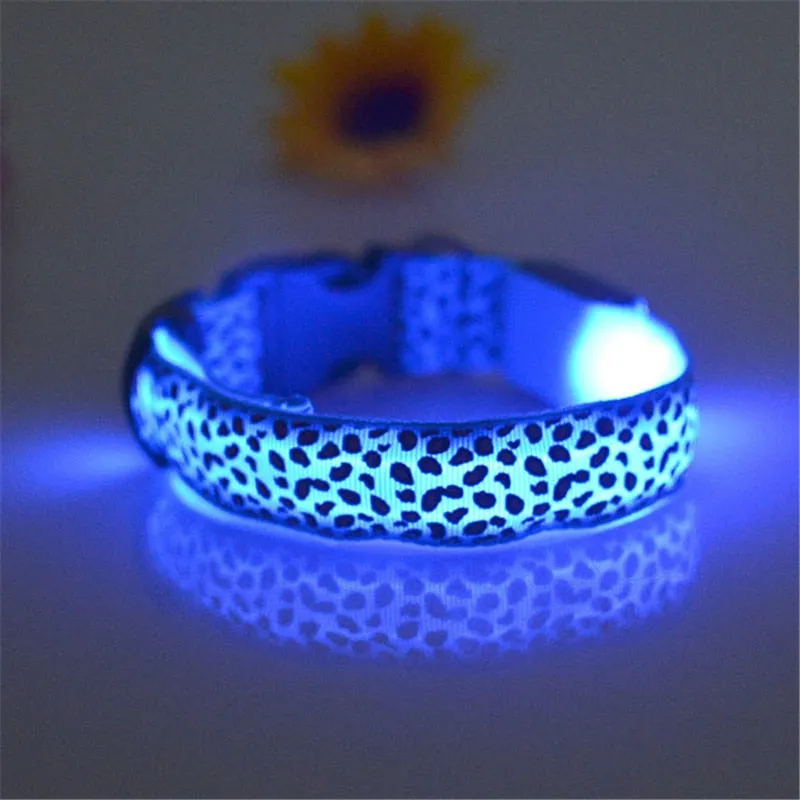 Adjustable LED Light Glow Pet Collar Leopard Nylon Pet Dog Cat Night Safety Luminous Flashing Necklace Glowing Neck Belt XWBE.