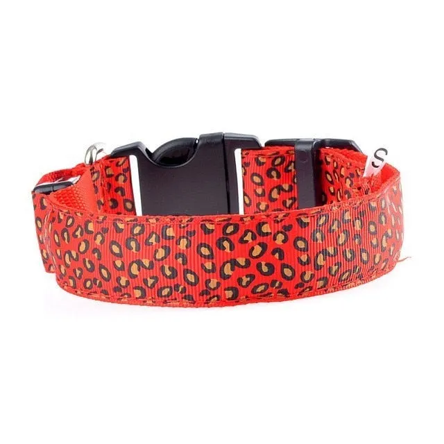 Adjustable LED Light Glow Pet Collar Leopard Nylon Pet Dog Cat Night Safety Luminous Flashing Necklace Glowing Neck Belt XWBE.