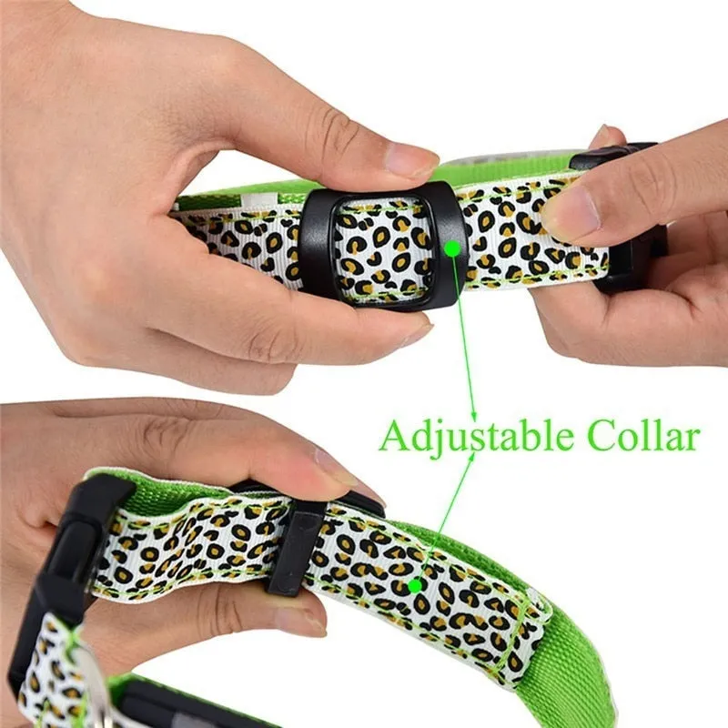 Adjustable LED Light Glow Pet Collar Leopard Nylon Pet Dog Cat Night Safety Luminous Flashing Necklace Glowing Neck Belt XWBE.