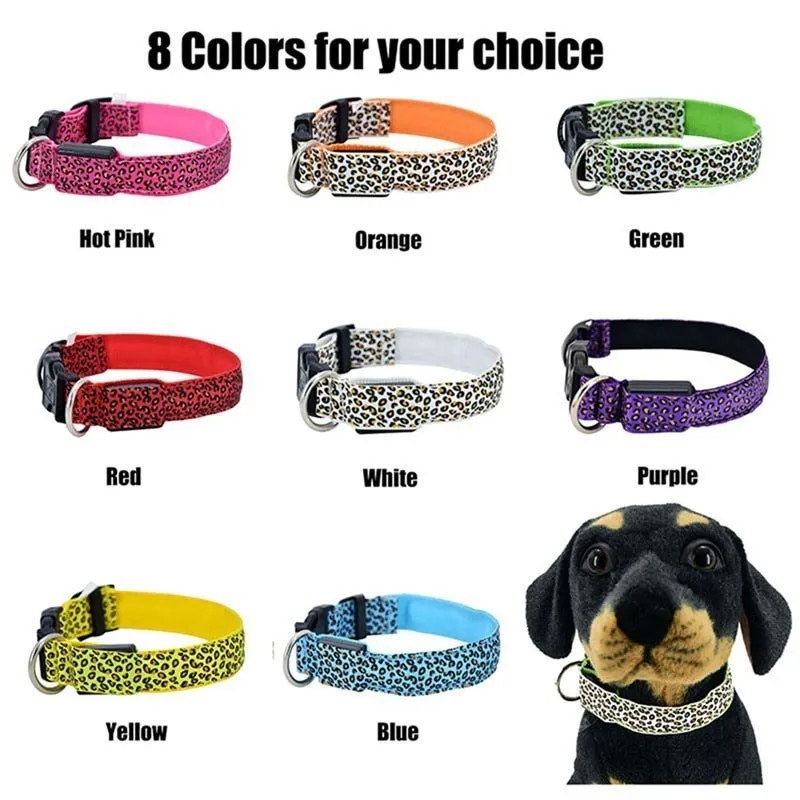 Adjustable LED Light Glow Pet Collar Leopard Nylon Pet Dog Cat Night Safety Luminous Flashing Necklace Glowing Neck Belt XWBE.