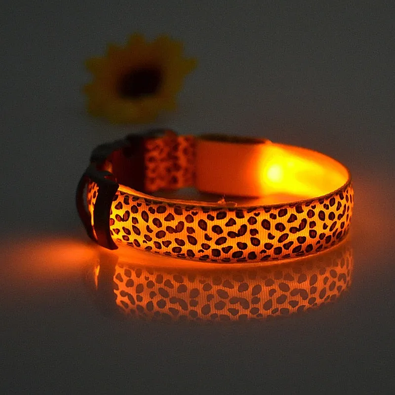 Adjustable LED Light Glow Pet Collar Leopard Nylon Pet Dog Cat Night Safety Luminous Flashing Necklace Glowing Neck Belt XWBE.