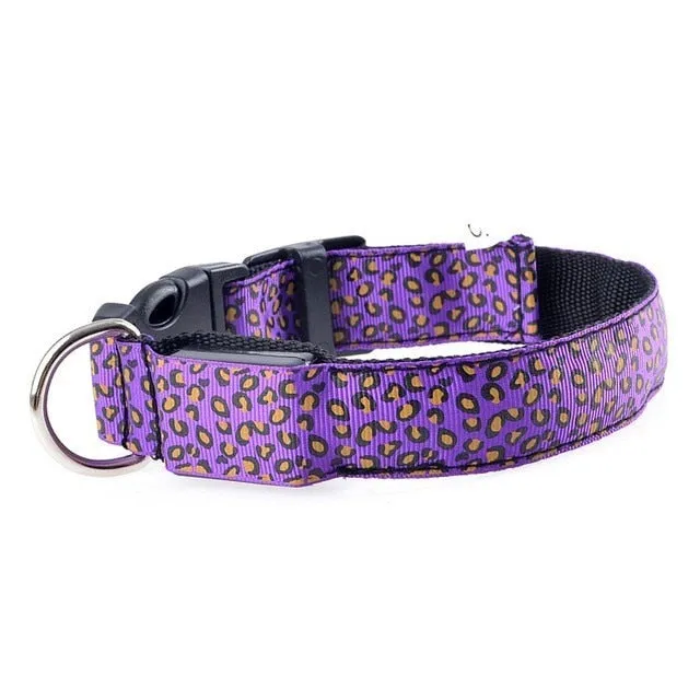 Adjustable LED Light Glow Pet Collar Leopard Nylon Pet Dog Cat Night Safety Luminous Flashing Necklace Glowing Neck Belt XWBE.