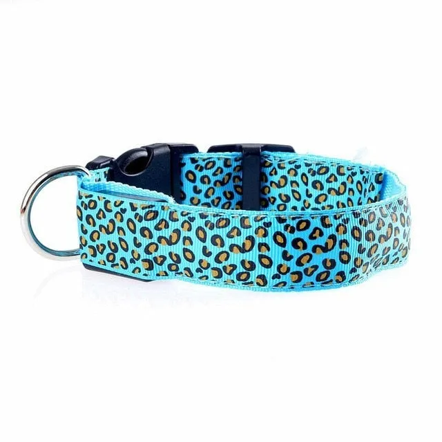 Adjustable LED Light Glow Pet Collar Leopard Nylon Pet Dog Cat Night Safety Luminous Flashing Necklace Glowing Neck Belt XWBE.