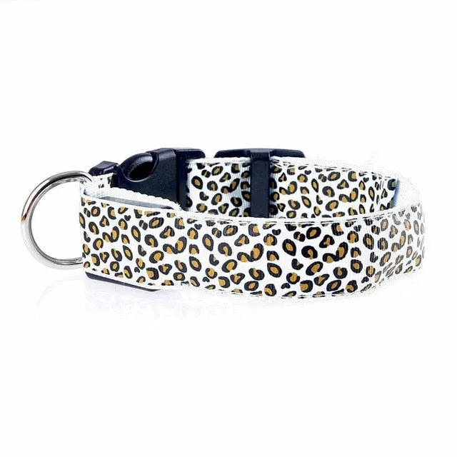 Adjustable LED Light Glow Pet Collar Leopard Nylon Pet Dog Cat Night Safety Luminous Flashing Necklace Glowing Neck Belt XWBE.