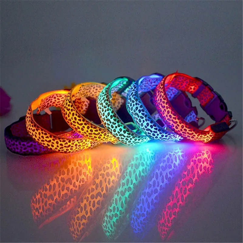Adjustable LED Light Glow Pet Collar Leopard Nylon Pet Dog Cat Night Safety Luminous Flashing Necklace Glowing Neck Belt XWBE.