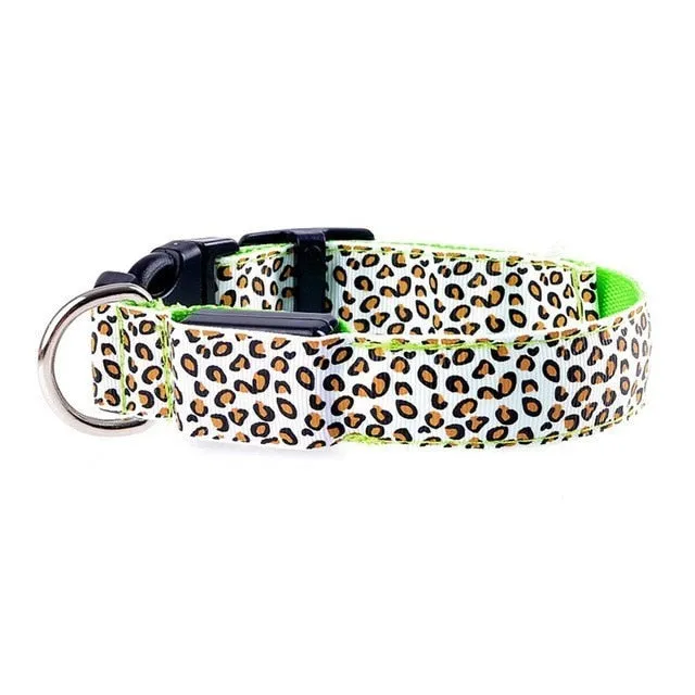 Adjustable LED Light Glow Pet Collar Leopard Nylon Pet Dog Cat Night Safety Luminous Flashing Necklace Glowing Neck Belt XWBE.