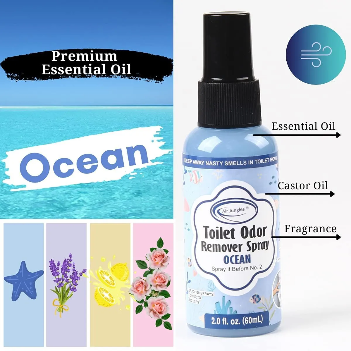 Air Jungles Toilet Poop Odor Eliminator Spray, Ocean Scent, Spray It Before No.2, Up to 100 Uses Per Bottle, For Home, Travel, Office Bathroom, and College Dorm Bathroom