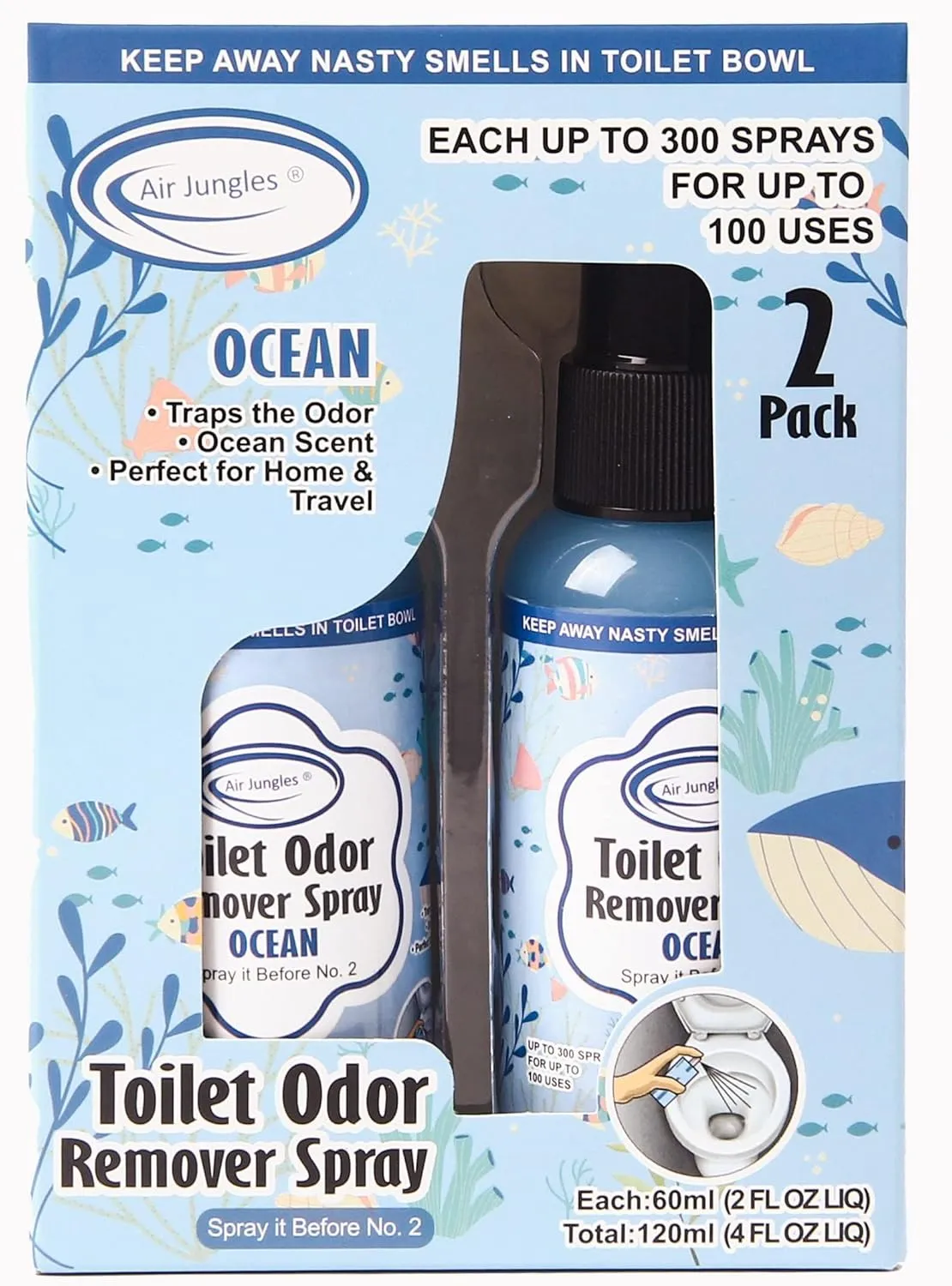 Air Jungles Toilet Poop Odor Eliminator Spray, Ocean Scent, Spray It Before No.2, Up to 100 Uses Per Bottle, For Home, Travel, Office Bathroom, and College Dorm Bathroom