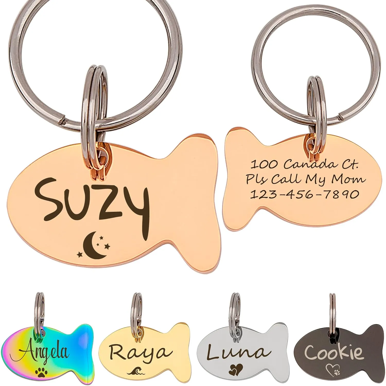 Anavia Cat Head & Fish Shape Pet ID Tags, Personalized Funny Icon Design Cat Name Tag, Customized Gold Plated Glossy Stainless Steel Black Rainbow Cat Dog Collar Tag (Small, Fish Shape, Rose Gold)