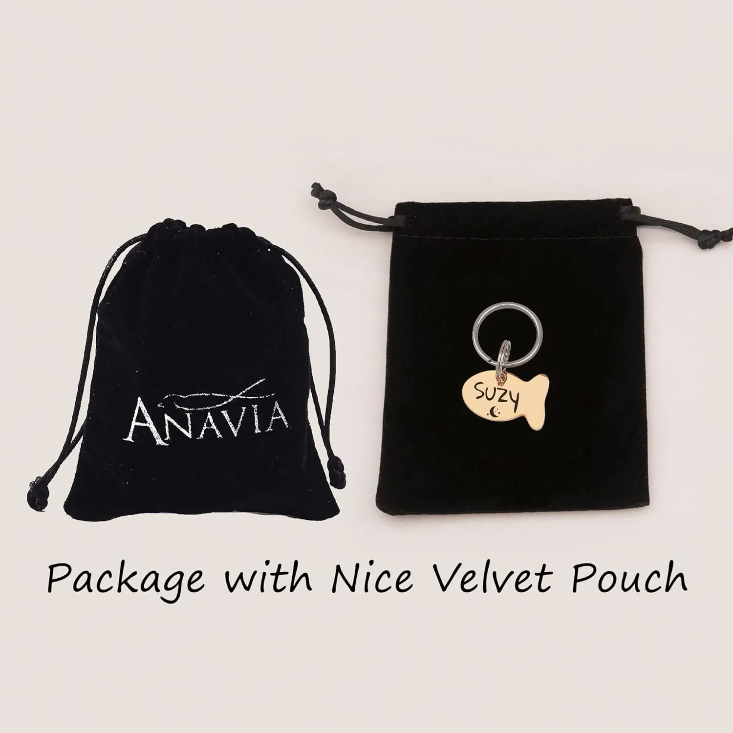 Anavia Cat Head & Fish Shape Pet ID Tags, Personalized Funny Icon Design Cat Name Tag, Customized Gold Plated Glossy Stainless Steel Black Rainbow Cat Dog Collar Tag (Small, Fish Shape, Rose Gold)