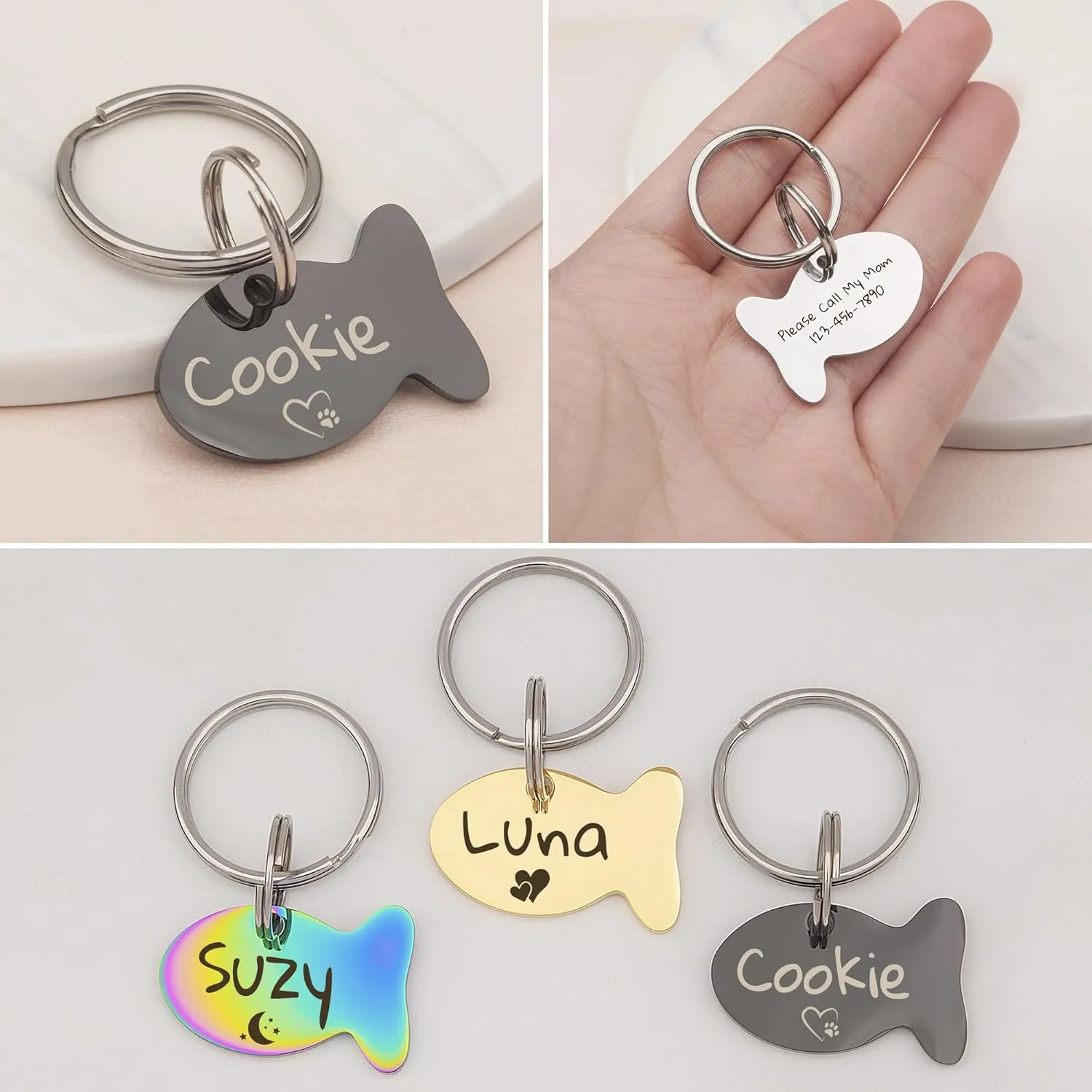Anavia Cat Head & Fish Shape Pet ID Tags, Personalized Funny Icon Design Cat Name Tag, Customized Gold Plated Glossy Stainless Steel Black Rainbow Cat Dog Collar Tag (Small, Fish Shape, Rose Gold)