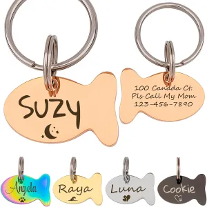 Anavia Cat Head & Fish Shape Pet ID Tags, Personalized Funny Icon Design Cat Name Tag, Customized Gold Plated Glossy Stainless Steel Black Rainbow Cat Dog Collar Tag (Small, Fish Shape, Rose Gold)