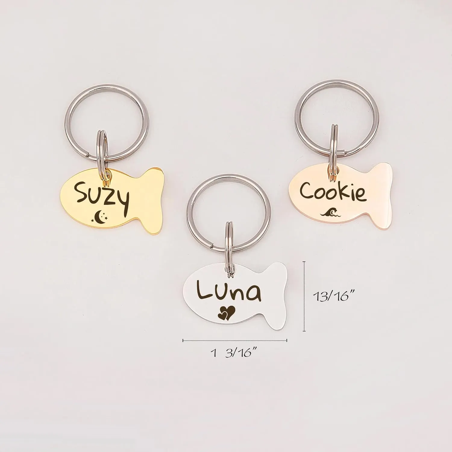 Anavia Cat Head & Fish Shape Pet ID Tags, Personalized Funny Icon Design Cat Name Tag, Customized Gold Plated Glossy Stainless Steel Black Rainbow Cat Dog Collar Tag (Small, Fish Shape, Rose Gold)