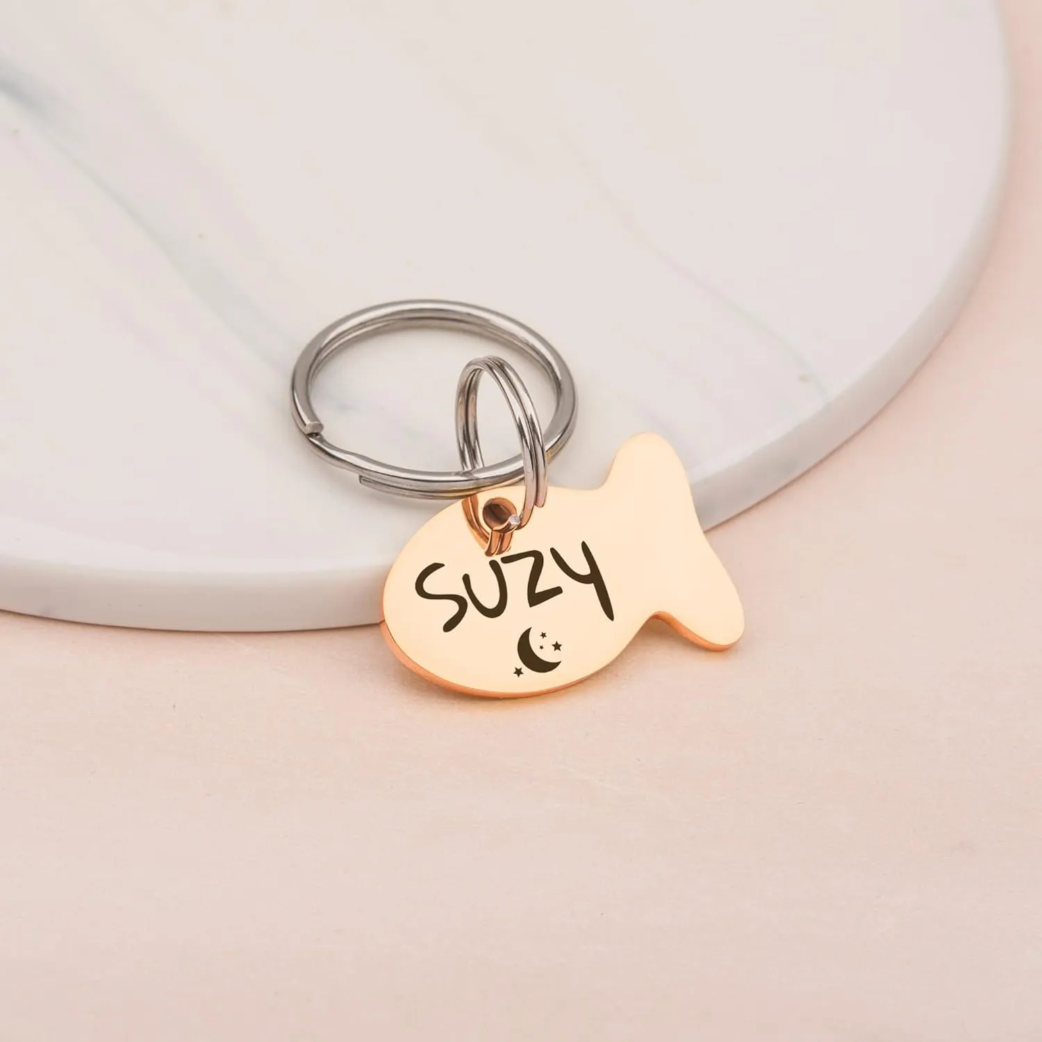 Anavia Cat Head & Fish Shape Pet ID Tags, Personalized Funny Icon Design Cat Name Tag, Customized Gold Plated Glossy Stainless Steel Black Rainbow Cat Dog Collar Tag (Small, Fish Shape, Rose Gold)