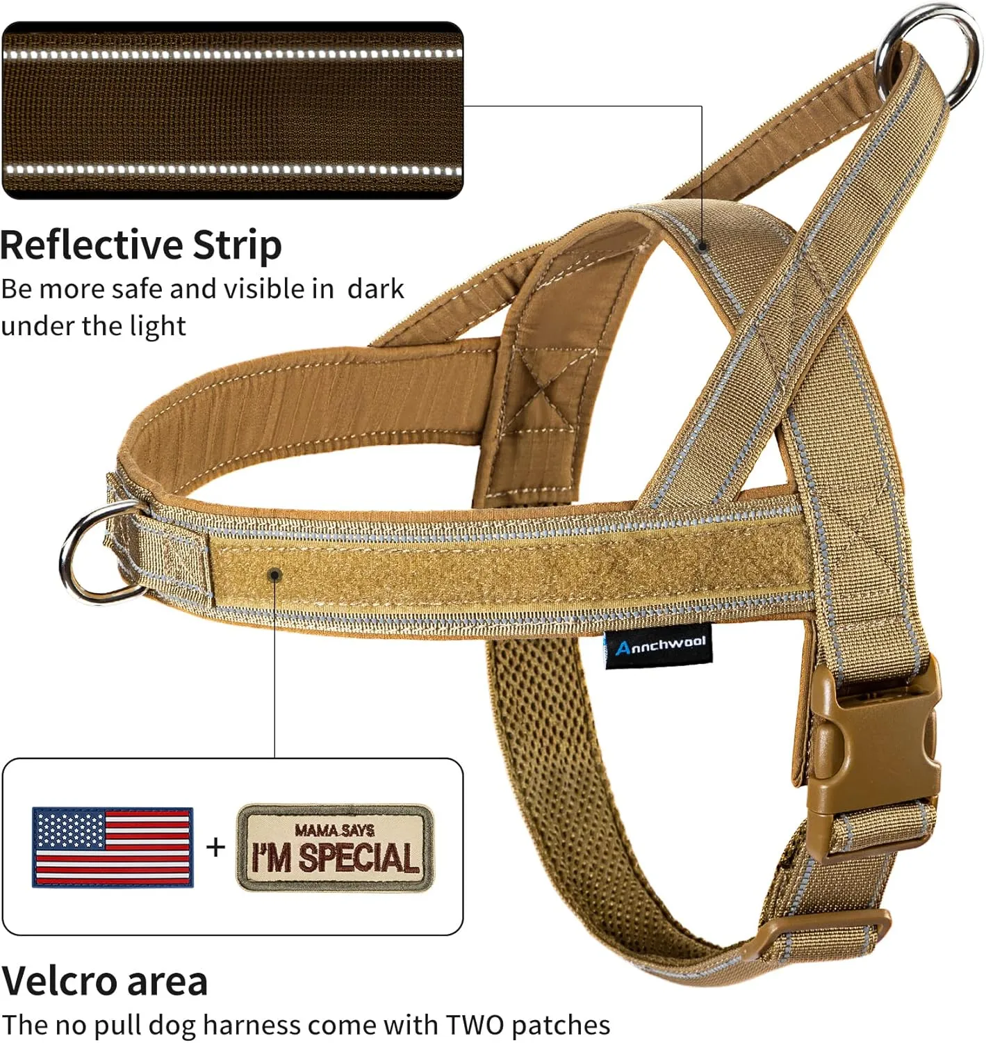 Annchwool No Pull Dog Harness with Padded Handle 5 Ft Leash,Reflective Strip Escape Proof and Quick Fit to Adjust Dog Harness,Easy for Training Walking for Small & Medium and Large Dogs(Brown-Set,M)