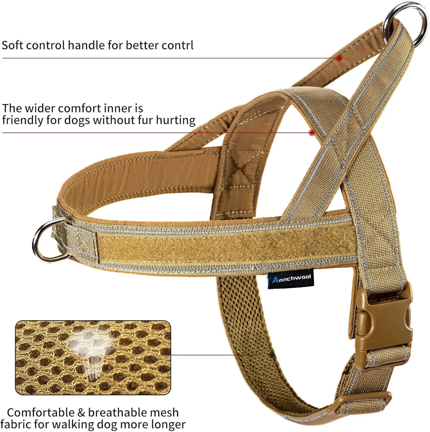 Annchwool No Pull Dog Harness with Padded Handle 5 Ft Leash,Reflective Strip Escape Proof and Quick Fit to Adjust Dog Harness,Easy for Training Walking for Small & Medium and Large Dogs(Brown-Set,M)