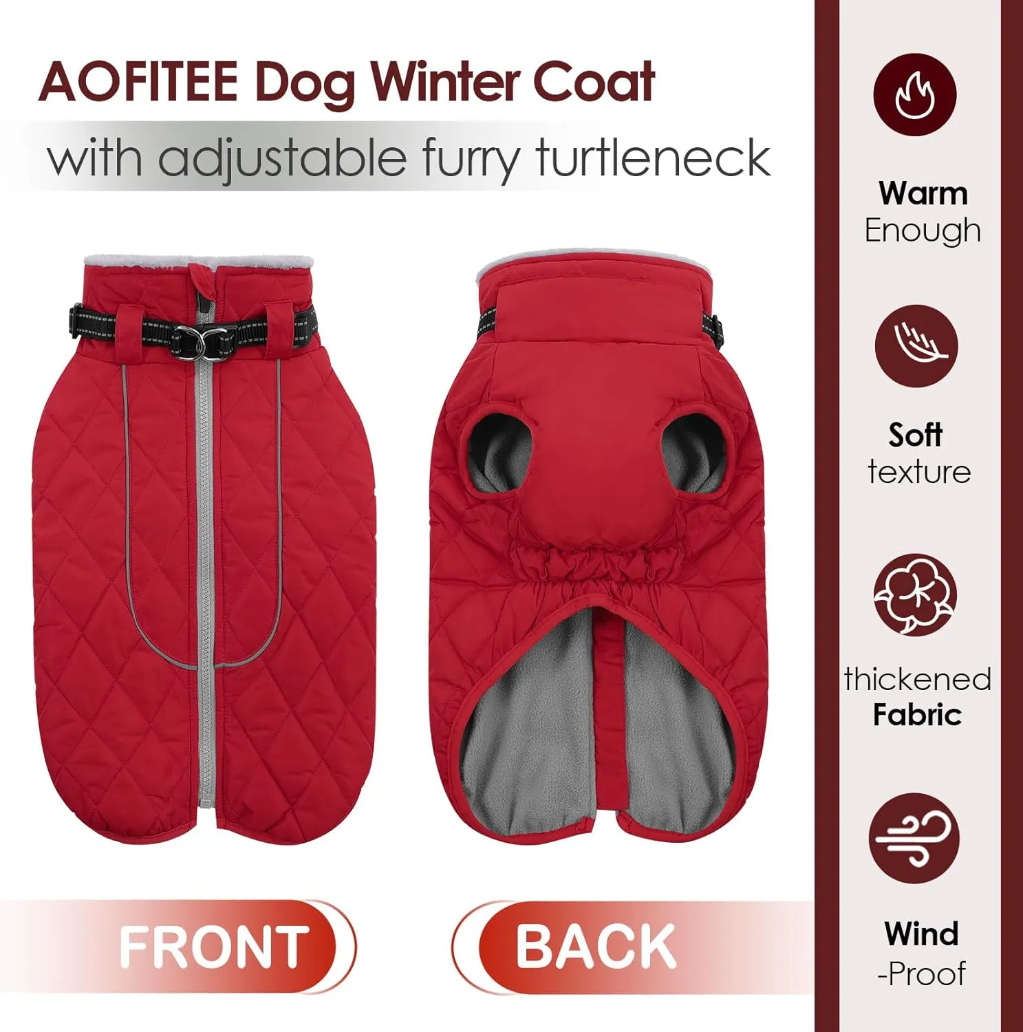 AOFITEE Coat for Medium Dogs, Turtleneck Warm Dog Winter Jacket with Back Zipper, Medium Pet Snowsuit with Reflective Trims, Dog Puffer Jacket for JackRussell, Boston Terrier, French Bulldog