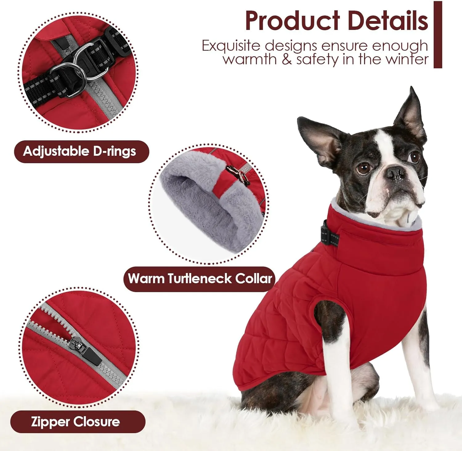 AOFITEE Coat for Medium Dogs, Turtleneck Warm Dog Winter Jacket with Back Zipper, Medium Pet Snowsuit with Reflective Trims, Dog Puffer Jacket for JackRussell, Boston Terrier, French Bulldog