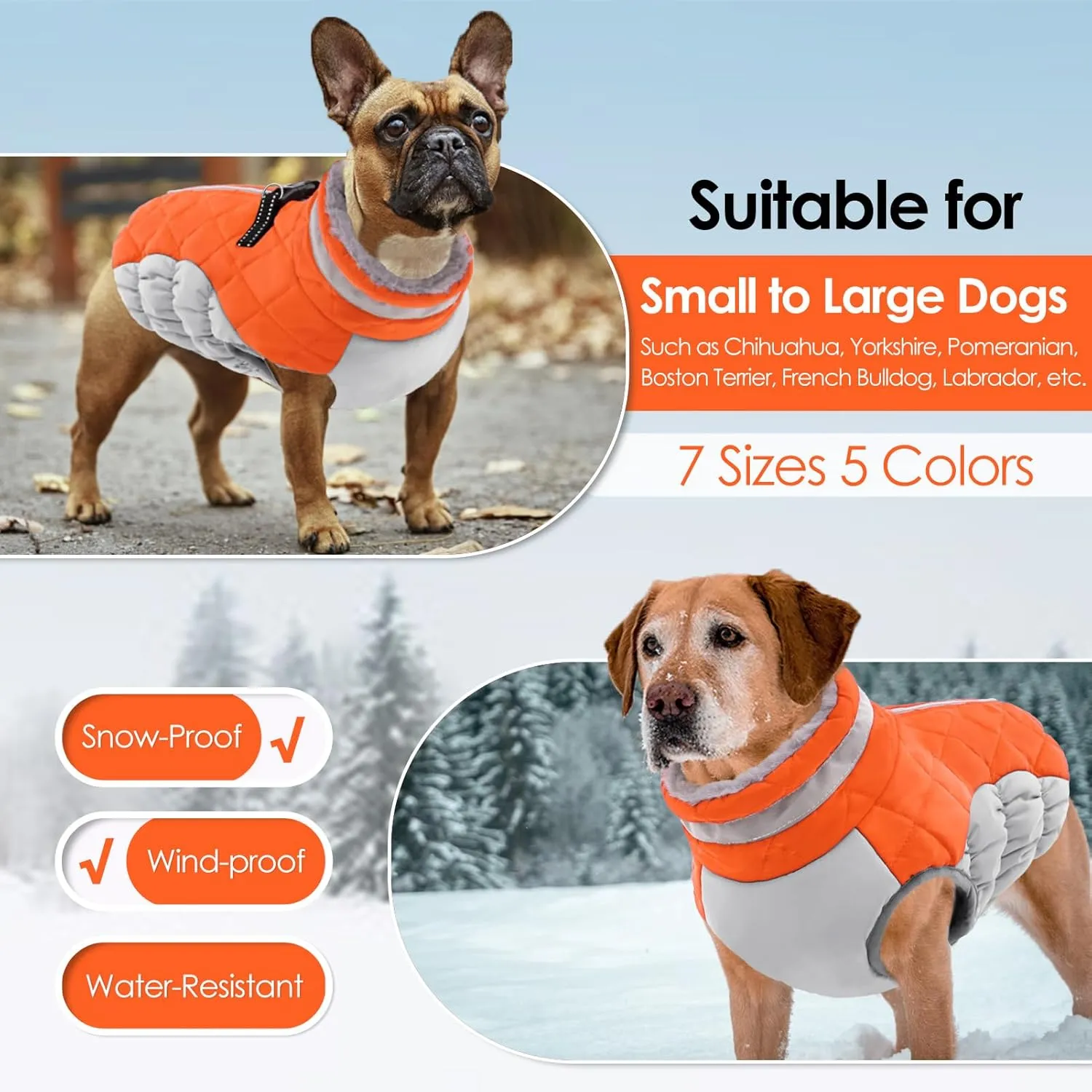 AOFITEE Dog Coat, Warm Dog Winter Coat, Reflective Cold Weather Dogs Puffer Jacket with Harness Built in, Waterproof Pet Fleece Vest Snowsuit for Small Medium Large Dogs, Orange L