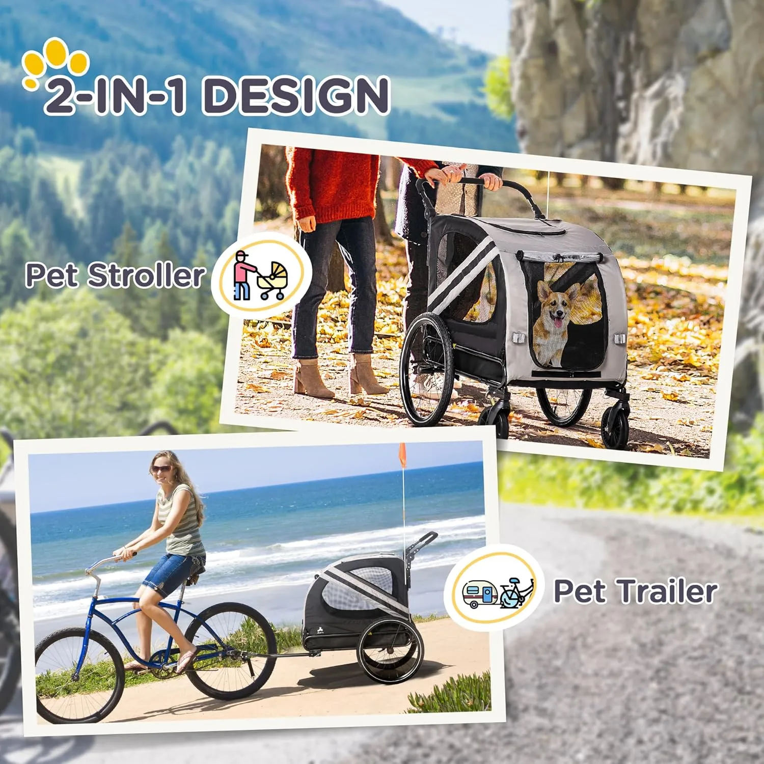 Aosom 2-in-1 Pet Bike Trailer for Small Dogs, Road-Visibility Bicycle Stroller, Weather-Strong Bike Wagon Trailer Sidecar Attachment