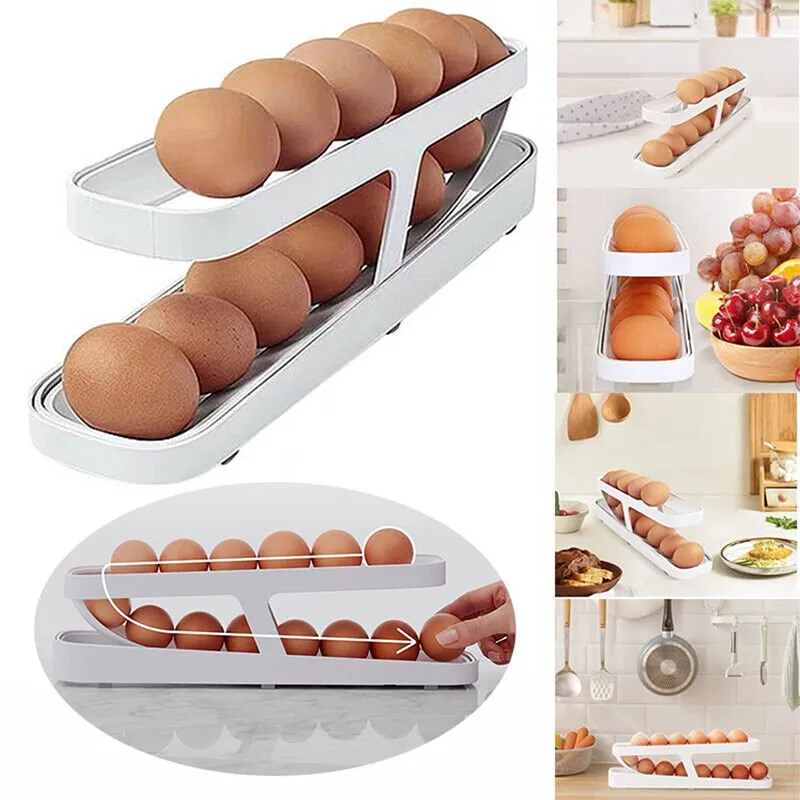Automatic Scrolling Egg Rack - Space-Saving Rolling Eggs Dispenser and Organizer for Refrigerator Storage