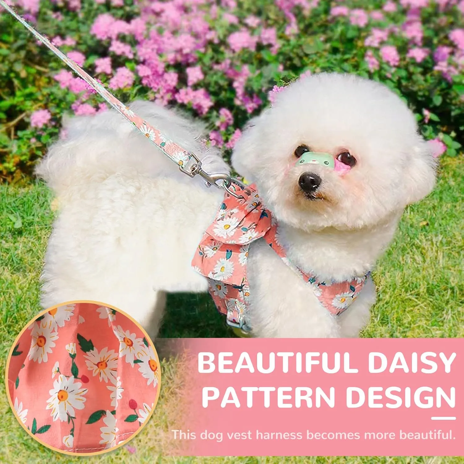 BAEJMJK Dog Harness and Leash Set with Bow Knot No Pull Pet Daisy Floral Harness with D-Ring Soft Mesh Dog Harness Vest Set Escape Proof Princess Puppy Harness for Small Girl Dogs CatsPink S
