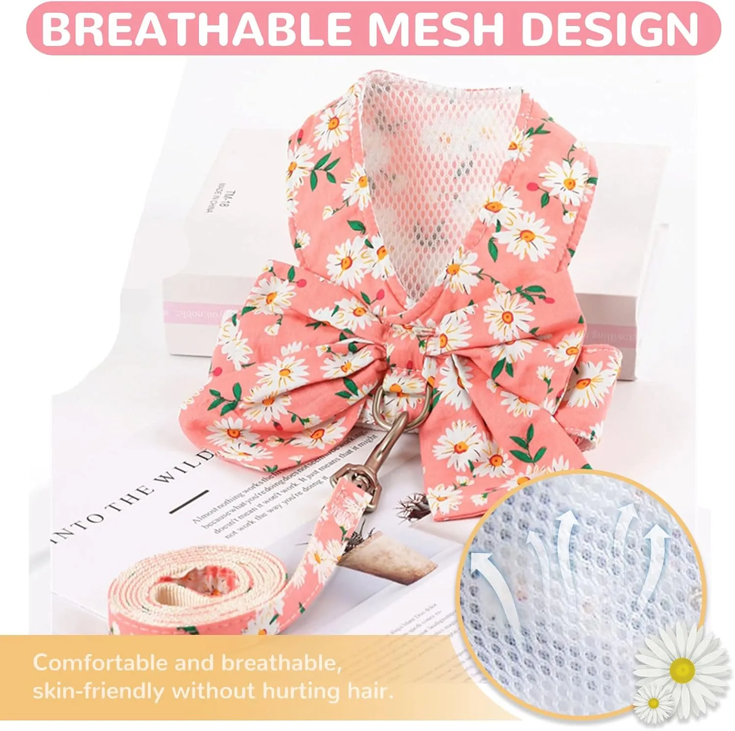 BAEJMJK Dog Harness and Leash Set with Bow Knot No Pull Pet Daisy Floral Harness with D-Ring Soft Mesh Dog Harness Vest Set Escape Proof Princess Puppy Harness for Small Girl Dogs CatsPink S