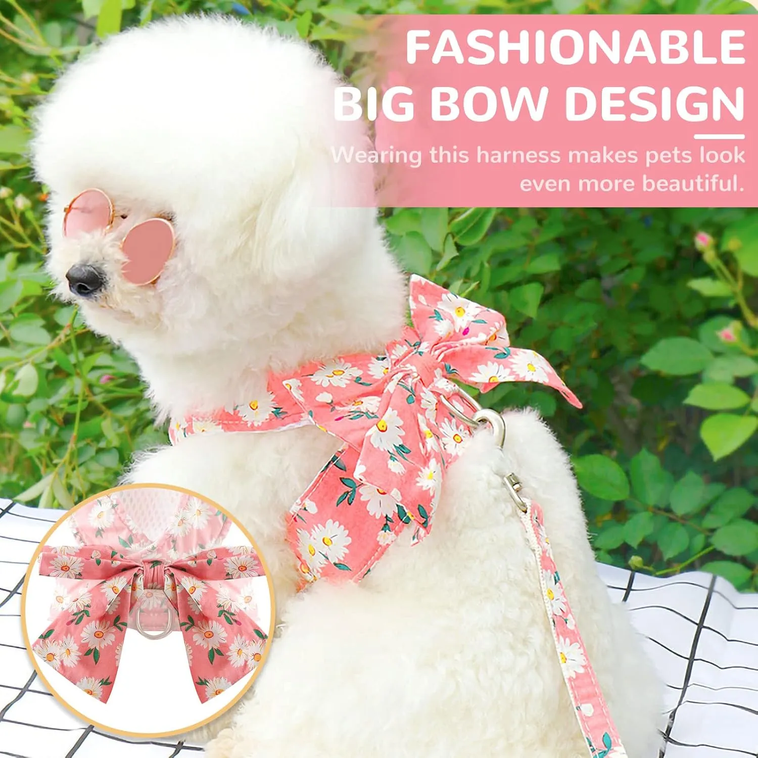 BAEJMJK Dog Harness and Leash Set with Bow Knot No Pull Pet Daisy Floral Harness with D-Ring Soft Mesh Dog Harness Vest Set Escape Proof Princess Puppy Harness for Small Girl Dogs CatsPink S