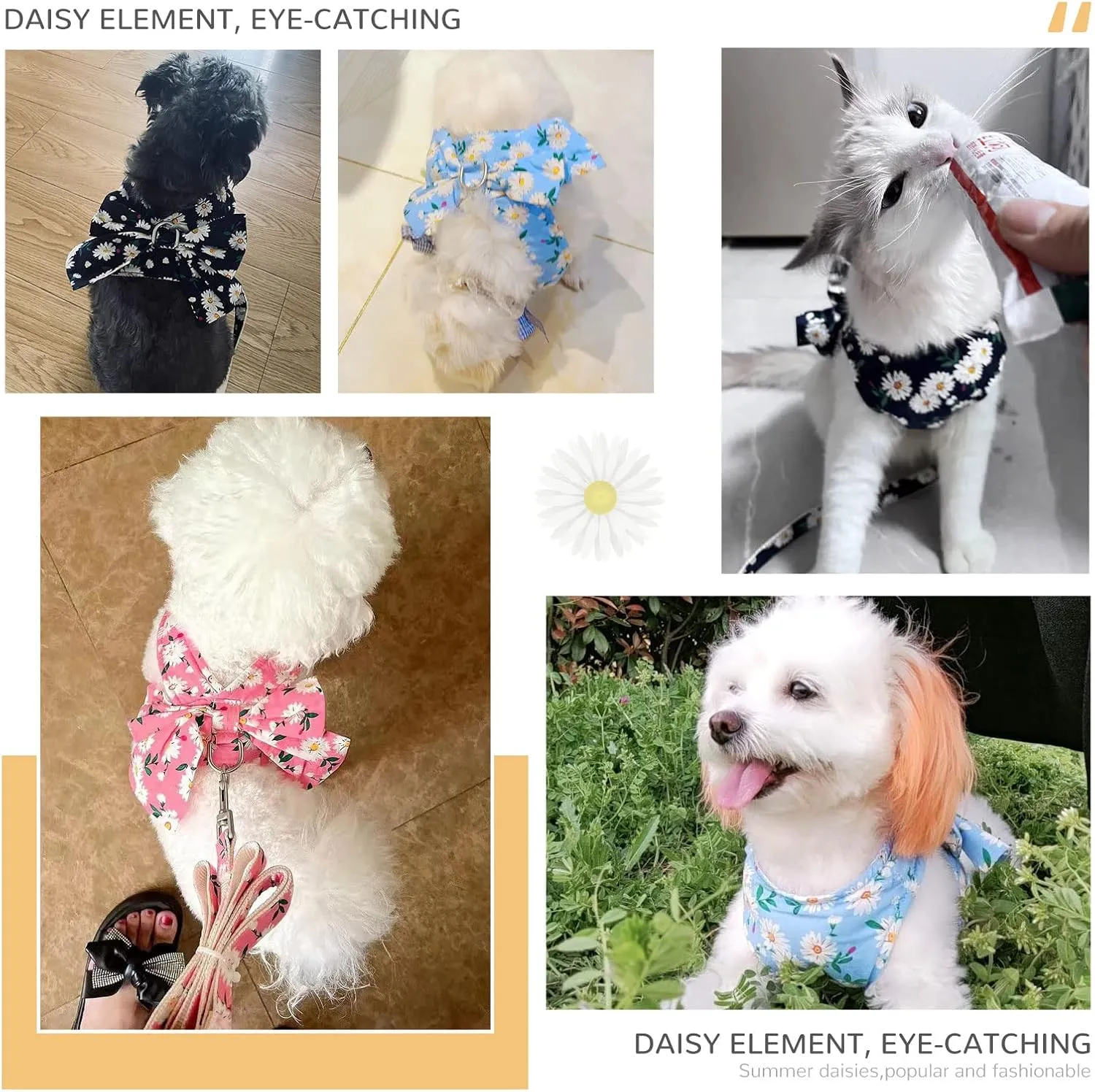 BAEJMJK Dog Harness and Leash Set with Bow Knot No Pull Pet Daisy Floral Harness with D-Ring Soft Mesh Dog Harness Vest Set Escape Proof Princess Puppy Harness for Small Girl Dogs CatsPink S