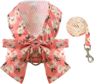 BAEJMJK Dog Harness and Leash Set with Bow Knot No Pull Pet Daisy Floral Harness with D-Ring Soft Mesh Dog Harness Vest Set Escape Proof Princess Puppy Harness for Small Girl Dogs CatsPink S