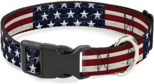 Buckle-Down Americana Rustic Stars & Stripes Plastic Clip Collar, 1.5" x 16-23"/Medium