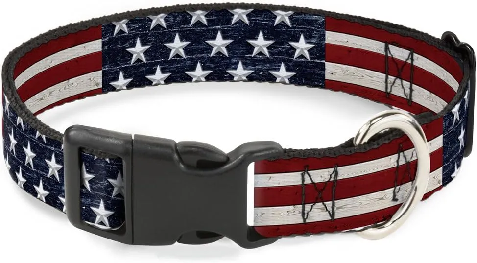 Buckle-Down Americana Rustic Stars & Stripes Plastic Clip Collar, 1.5" x 16-23"/Medium