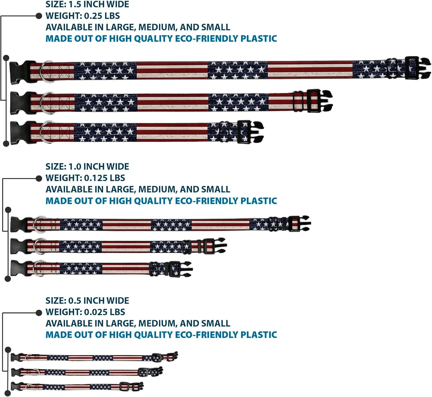 Buckle-Down Americana Rustic Stars & Stripes Plastic Clip Collar, 1.5" x 16-23"/Medium