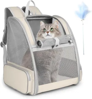 Cat Backpack Carrier, Large Pet Backpack with Kitten Wand Feather Toy for Medium Small Dog Cat Puppy Kitty Bunny up to 15lbs, Ventilated Mesh Dog Travel Carrier for Hiking Walking Outdoor Use (Beige)